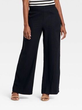 Women's Linen Wide Leg Pull-On Pants - A New Day Black small